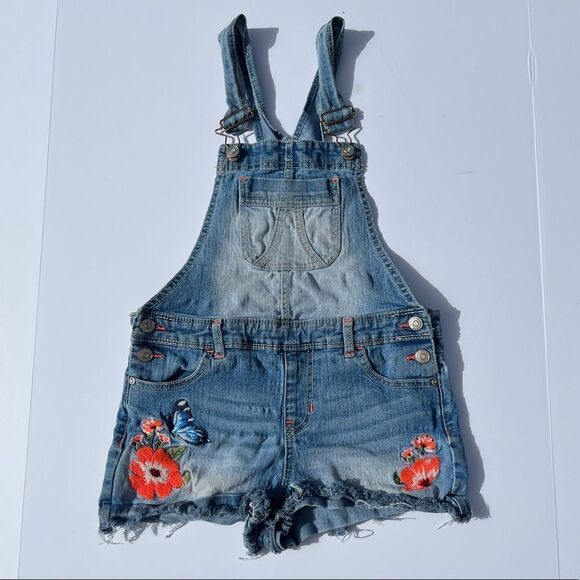 🔥4/$25 JORDACHE GIRLS DENIM JEAN OVERALL SHORTS FLORAL BUTTERFLY, LARGE - Picture 1 of 5